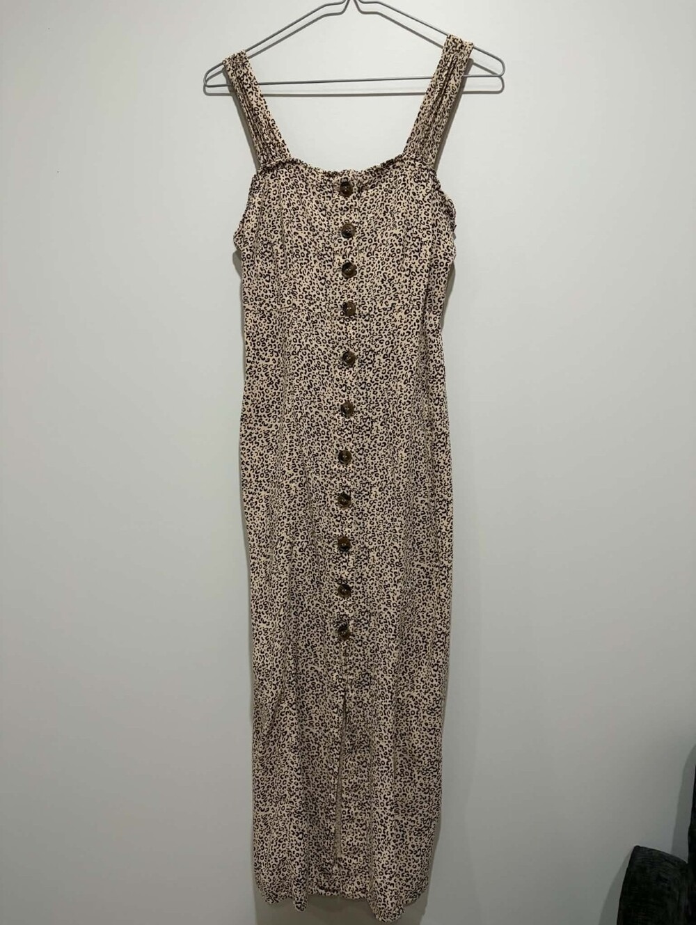 Sleeveless Leopard Print Button-Front Maxi Dress - Beige